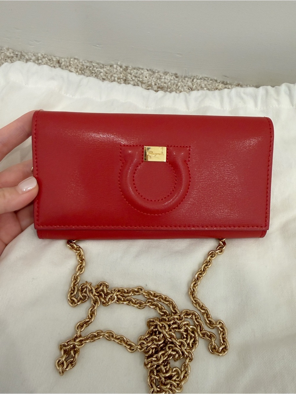 NEW Salvatore Ferragamo Red Leather Wallet on Gold Chain